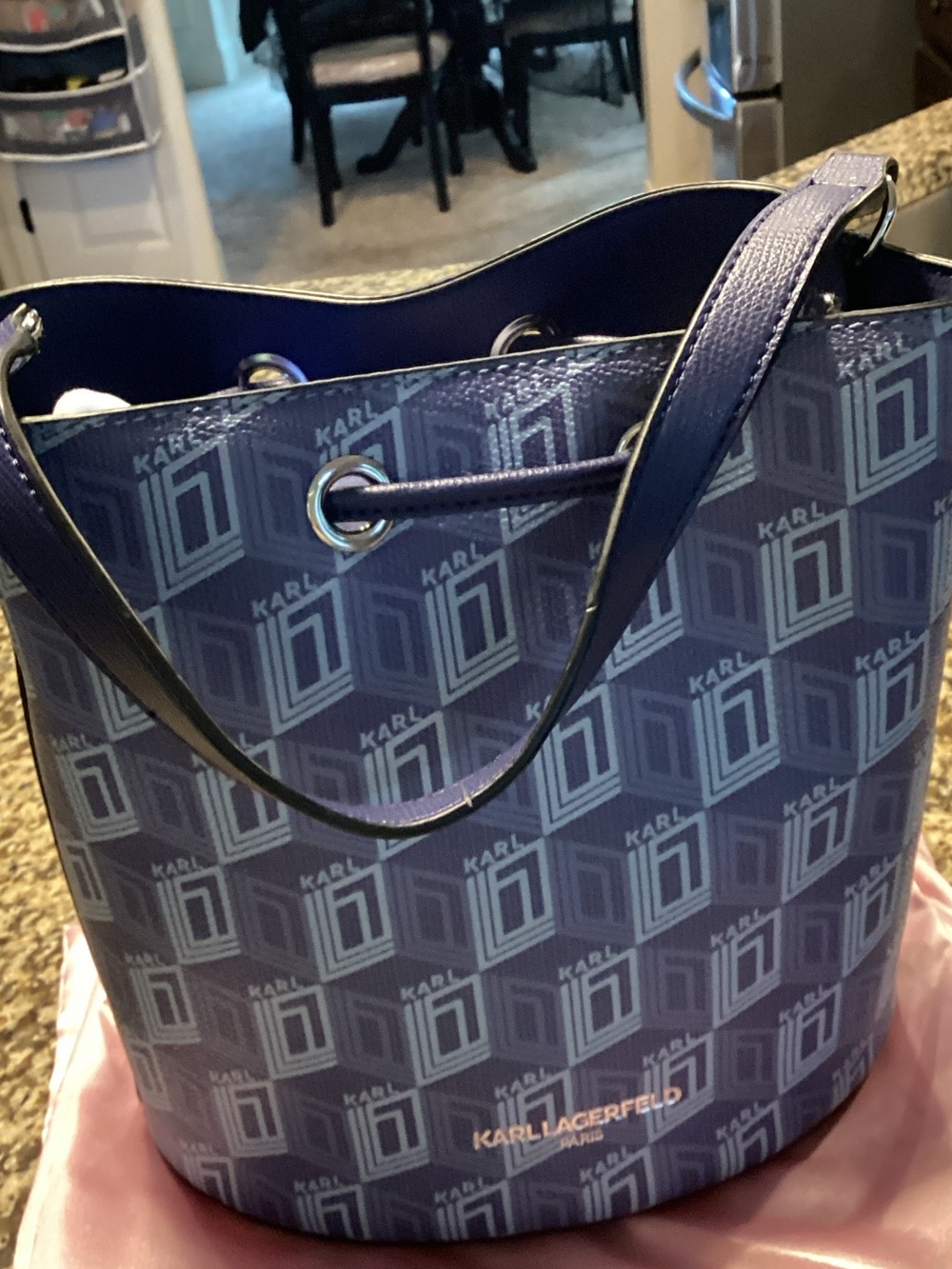 Karl Lagerfeld Navy Logo-Print Drawstring Bucket Bag EUC - Picture 2 of 4